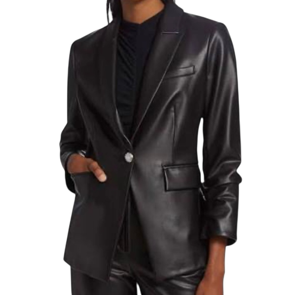 Veronica Beard Hollis Faux Leather Single Button 3/4 Ruched Sleeve Dickey Blazer